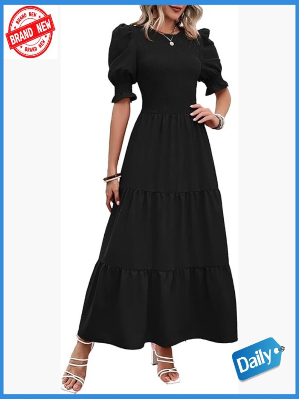 Crew Neck Ruffle Short Sleeve Smocked Floral Boho Maxi Dress